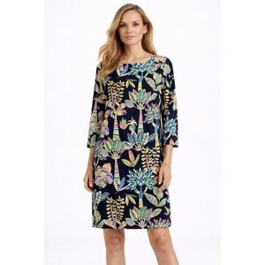 Vilagallo Greta Navy Blue Tropical Tree Print 3/4 Length Sleeve Sheath Dress
